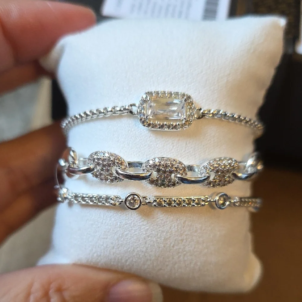 Three-Piece Silver Crystal Bracelet Set in White - Picture 1 of 4
